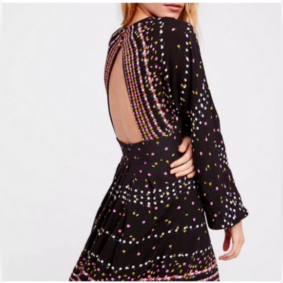 Free People Coryn Mini Dress Black Printed Open Back Long Sleeve Size 2 - Picture 2 of 15